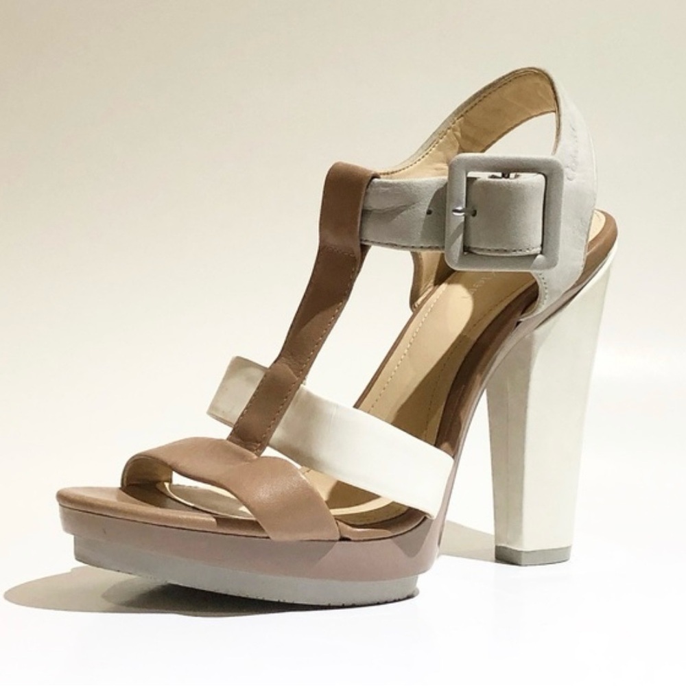 Calvin Klein Multi-Tone Platform Heels - Tan, Cream, Light Gray Patent Leather